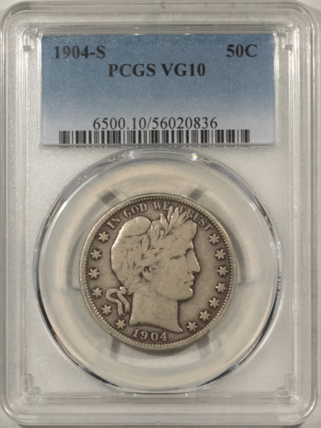 Barber Halves 1904-S BARBER HALF DOLLAR – PCGS VG-10, WAS PCGS F-12, PREMIUM QUALITY!