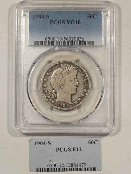 Barber Halves 1904-S BARBER HALF DOLLAR – PCGS VG-10, WAS PCGS F-12, PREMIUM QUALITY!