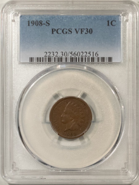 Indian 1908-S INDIAN CENT – PCGS VF-30 BN