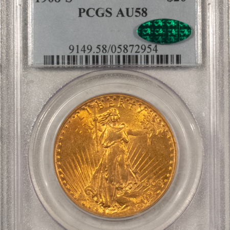 $20 1908-S $20 ST GAUDENS GOLD DOUBLE EAGLE – PCGS AU-58 CAC, KEY-DATE, PQ & CHOICE!