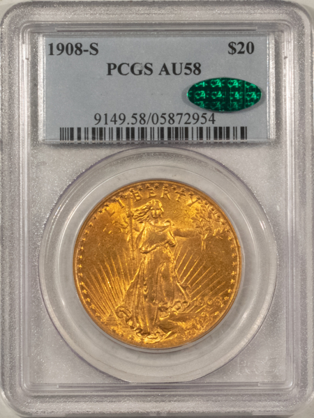 $20 1908-S $20 ST GAUDENS GOLD DOUBLE EAGLE – PCGS AU-58 CAC, KEY-DATE, PQ & CHOICE!