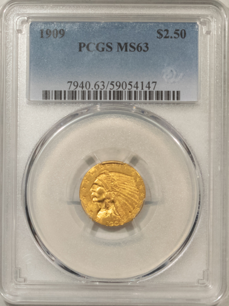 $2.50 1909 $2.50 INDIAN GOLD QUARTER EAGLE – PCGS MS-63, CHOICE TOUGHER DATE!