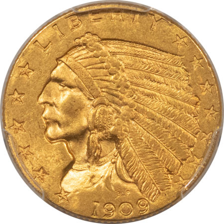 $2.50 1909 $2.50 INDIAN GOLD QUARTER EAGLE – PCGS MS-63, CHOICE TOUGHER DATE!