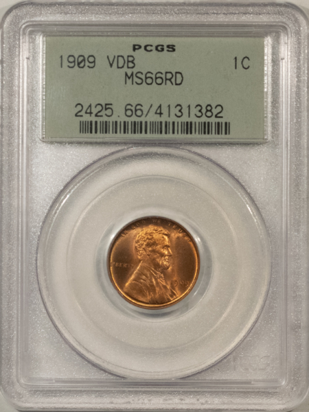 Lincoln Cents (Wheat) 1909-VDB LINCOLN CENT – PCGS MS-66 RD, OLD GREEN HOLDER & PREMIUM QUALITY!