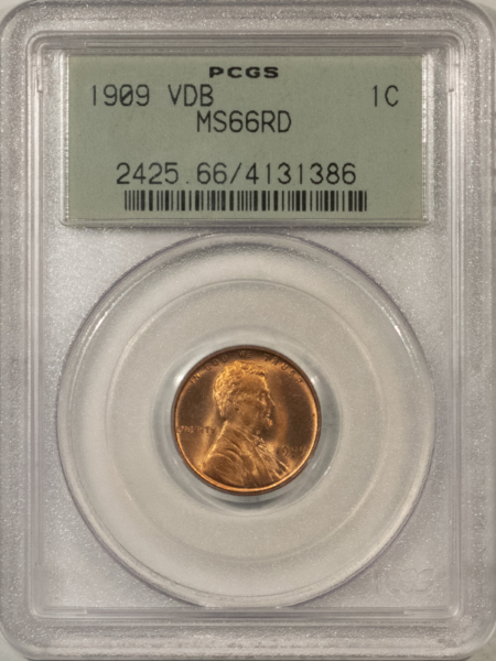 Lincoln Cents (Wheat) 1909-VDB LINCOLN CENT – PCGS MS-66 RD, OLD GREEN HOLDER & PREMIUM QUALITY!
