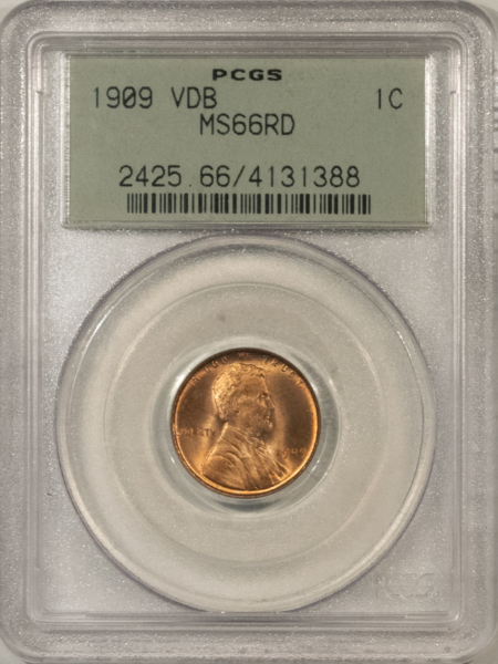 Lincoln Cents (Wheat) 1909-VDB LINCOLN CENT – PCGS MS-66 RD, OLD GREEN HOLDER & PREMIUM QUALITY!