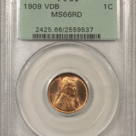 Lincoln Cents (Wheat) 1909-VDB LINCOLN CENT – PCGS MS-66 RD, OLD GREEN HOLDER & PREMIUM QUALITY!
