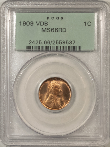 Lincoln Cents (Wheat) 1909-VDB LINCOLN CENT – PCGS MS-66 RD, OLD GREEN HOLDER & PREMIUM QUALITY!