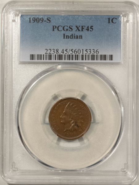 Indian 1909-S INDIAN CENT – PCGS XF-45 BN, KEY-DATE!
