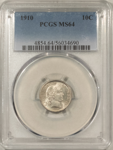 Barber Dimes 1910 BARBER DIME – PCGS MS-64, LOOKS MS-65! PREMIUM QUALITY!