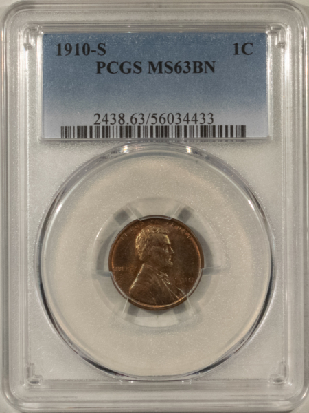 Lincoln Cents (Wheat) 1910-S LINCOLN CENT – PCGS MS-63 BN, PRETTY & PREMIUM QUALITY!