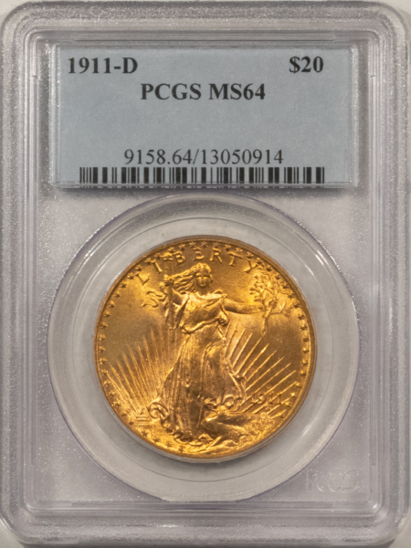 $20 1911-D $20 ST GAUDENS GOLD DOUBLE EAGLE – PCGS MS-64, GREAT LUSTER!