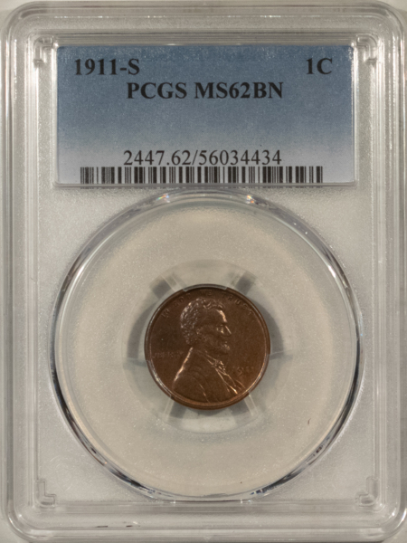 Lincoln Cents (Wheat) 1911-S LINCOLN CENT – PCGS MS-62 BN, LOOKS CHOICE & PREMIUM QUALITY!