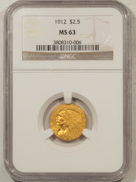 $2.50 1912 $2.50 INDIAN GOLD QUARTER EAGLE – NGC MS-63, CHOICE TOUGHER DATE