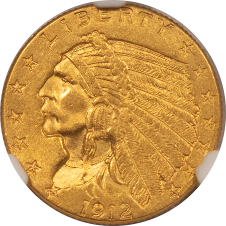 $2.50 1912 $2.50 INDIAN GOLD QUARTER EAGLE – NGC MS-63, CHOICE TOUGHER DATE