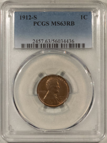 Lincoln Cents (Wheat) 1912-S LINCOLN CENT – PCGS MS-63 RB, PREMIUM QUALITY+!