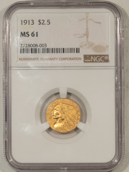 $2.50 1913 $2.50 INDIAN GOLD QUARTER EAGLE – NGC MS-61