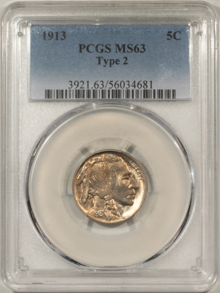 Buffalo Nickels 1913 BUFFALO NICKEL, TYPE 2 – PCGS MS-63, LOOKS 64! PREMIUM QUALITY!
