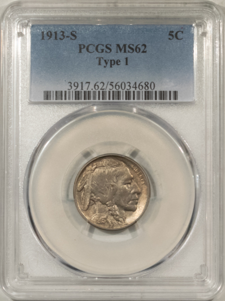 Buffalo Nickels 1913-S BUFFALO NICKEL, TYPE 1 – PCGS MS-62, LOOKS 63+! PREMIUM QUALITY!