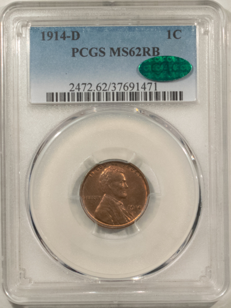 CAC Approved Coins 1914-D LINCOLN CENT – PCGS MS-62 RB, ORIGINAL, PREMIUM QUALITY AND CAC APPROVED!