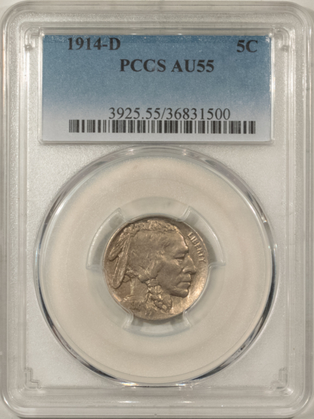 Buffalo Nickels 1914-D BUFFALO NICKEL – PCGS AU-55, NICE & NEARLY UNC!