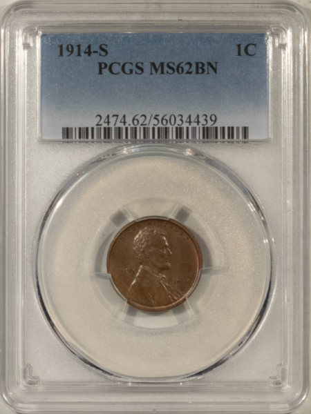 Lincoln Cents (Wheat) 1914-S LINCOLN CENT – PCGS MS-62 BN, PREMIUM QUALITY & CHOICE+!