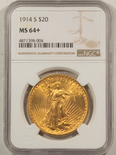 $20 1914-S $20 ST GAUDENS GOLD DOUBLE EAGLE – NGC MS-64+, FLASHY & NEAR GEM!