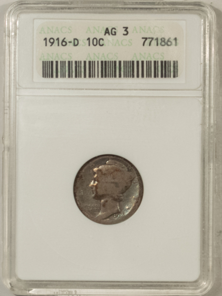 Dimes 1916-D MERCURY DIME – ANACS AG-3, ORIGINAL KEY-DATE! OLD HOLDER