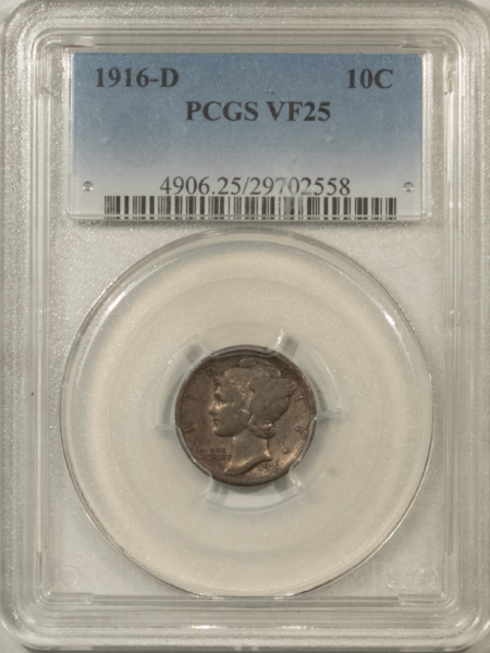 Dimes KEY 1916-D MERCURY DIME, PCGS VF-25, DEEP OLD ALBUM TONING W/ STRONG DETAILS!