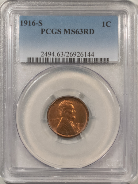 Lincoln Cents (Wheat) 1916-S LINCOLN CENT – PCGS MS-63 RD, TOUGH IN RED!