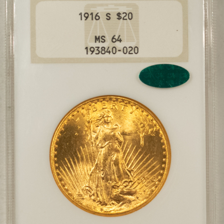 $20 1916-S $20 ST GAUDENS GOLD DOUBLE EAGLE, NGC MS-64 CAC, FATTIE HOLDER, PQ & GEM!