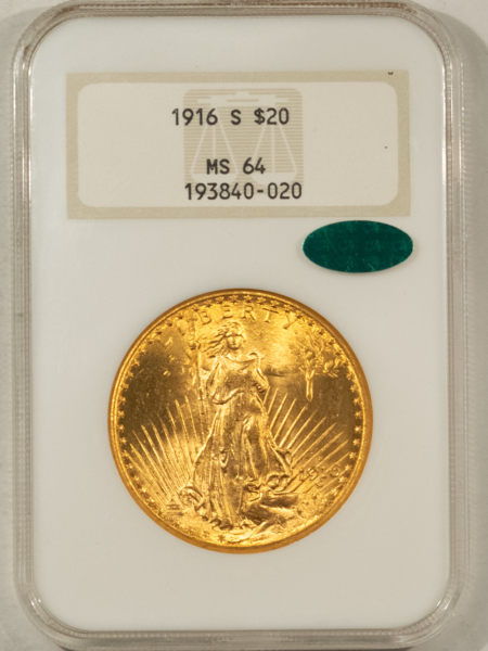 $20 1916-S $20 ST GAUDENS GOLD DOUBLE EAGLE, NGC MS-64 CAC, FATTIE HOLDER, PQ & GEM!
