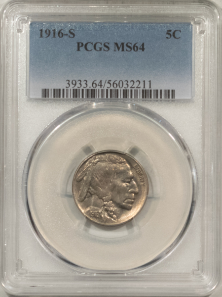 Buffalo Nickels 1916-S BUFFALO NICKEL – PCGS MS-64, LUSTROUS & TOUGH!