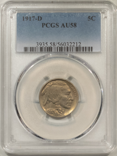 Buffalo Nickels 1917-D BUFFALO NICKEL – PCGS AU-58, TOUGH DATE, CHOICE LOOK!