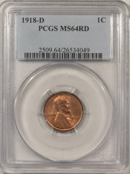 Lincoln Cents (Wheat) 1918-D LINCOLN CENT – PCGS MS-64 RD, ORIGINAL RED! NICE!
