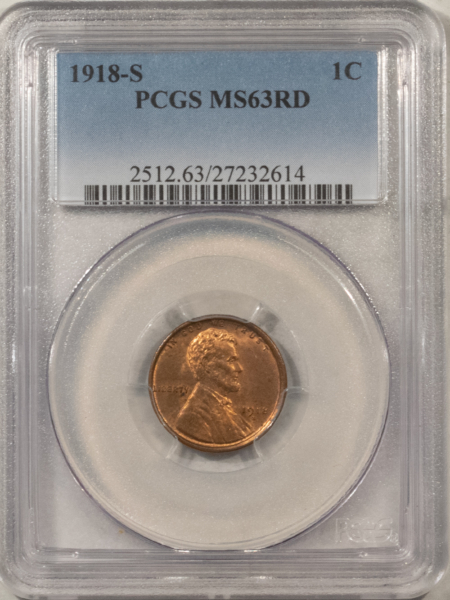 Lincoln Cents (Wheat) 1918-S LINCOLN CENT – PCGS MS-63 RD, SCARCE IN RED! UNDER RATED!