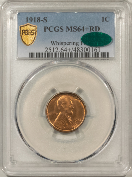 CAC Approved Coins 1918-S LINCOLN CENT – PCGS MS-64+ RD, ORIGINAL GEM! RED BLAZER! CAC APPROVED!