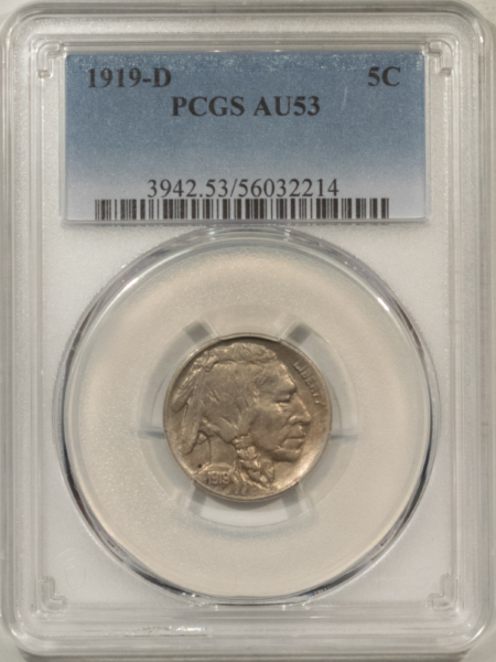 Buffalo Nickels 1919-D BUFFALO NICKEL – PCGS AU-53, ORIGINAL, WELL STRUCK WITH LUSTER!