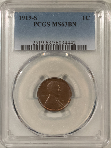 Lincoln Cents (Wheat) 1919-S LINCOLN CENT – PCGS MS-63 BN, CHOICE & SMOOTH!