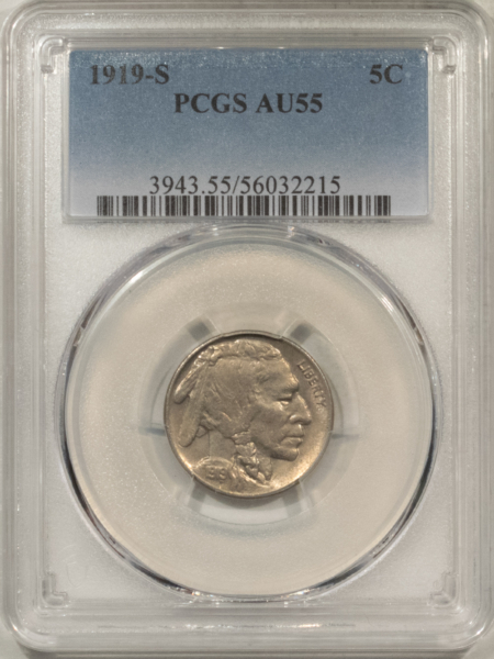 Buffalo Nickels 1919-S BUFFALO NICKEL – PCGS AU-55, LUSTROUS, WELL STRUCK!