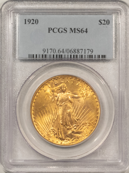 $20 1920 $20 ST GAUDENS GOLD DOUBLE EAGLE – PCGS MS-64, POPULAR DATE, ATTRACTIVE!