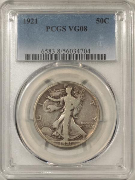 New Certified Coins 1921 WALKING LIBERTY HALF DOLLAR – PCGS VG-8, NICE ORIGINAL KEY-DATE