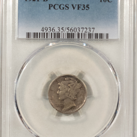 Mercury Dimes 1921-D MERCURY DIME – PCGS VF-35, NICE ORIGINAL KEY-DATE!
