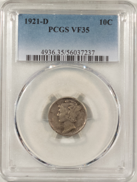 Mercury Dimes 1921-D MERCURY DIME – PCGS VF-35, NICE ORIGINAL KEY-DATE!