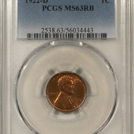 Lincoln Cents (Wheat) 1922-D LINCOLN CENT – PCGS MS-63 RB, CHOICE! LOTS OF RED!
