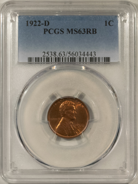 Lincoln Cents (Wheat) 1922-D LINCOLN CENT – PCGS MS-63 RB, CHOICE! LOTS OF RED!