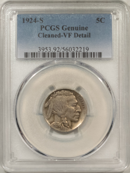Buffalo Nickels 1924-S BUFFALO NICKEL – PCGS GENUINE, CLEANED-VF DETAIL, LOOKS MID-VF, NICE!