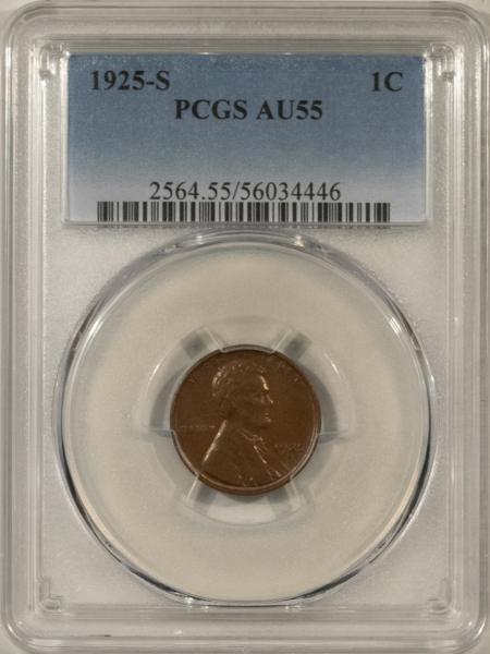 Lincoln Cents (Wheat) 1925-S LINCOLN CENT – PCGS AU-55, WOW! LOOKS UNC!