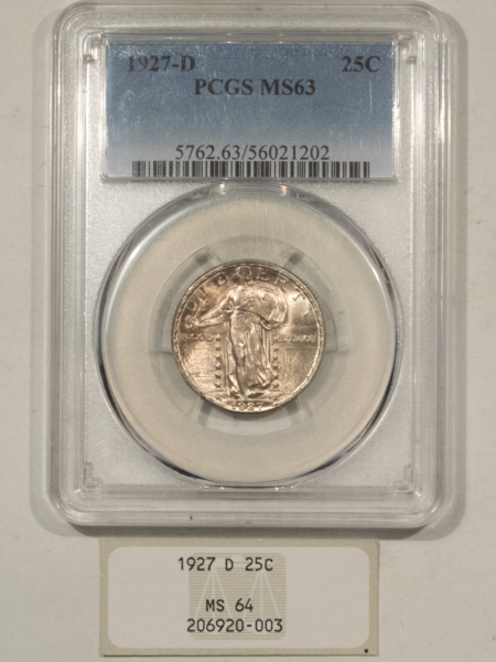 New Certified Coins 1927-D STANDING LIBERTY QUARTER – PCGS MS-63, WAS NGC MS-64 TAG ATTACHED, PQ!