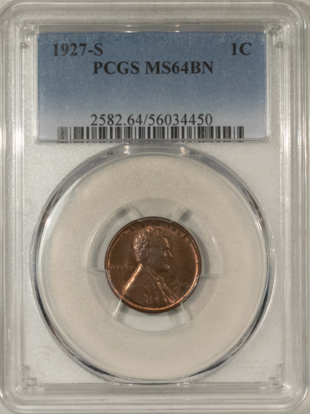 Lincoln Cents (Wheat) 1927-S LINCOLN CENT – PCGS MS-64 BN, ATTRACTIVE & PREMIUM QUALITY! TOUGH DATE!
